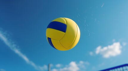 Dynamic Volleyball Flight: A Stunning Aerial Shot of a Yellow Volleyball in Motion Against a Vibrant Blue Sky