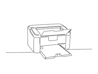 Continuous one line drawing of multifunction inkjet printer. Office printing device in single line draw vector illustration. Editable line vector.