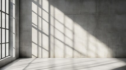 Obraz premium Contemporary light background with a touch of industrial style, sunlight streaming through minimalist curtains, and geometric shadows on a concrete wall