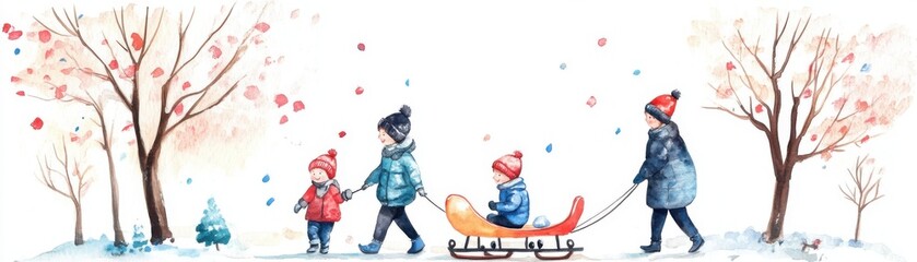 Fototapeta premium A family enjoys a snowy day, walking together while pulling a sled, surrounded by winter trees and falling snowflakes.