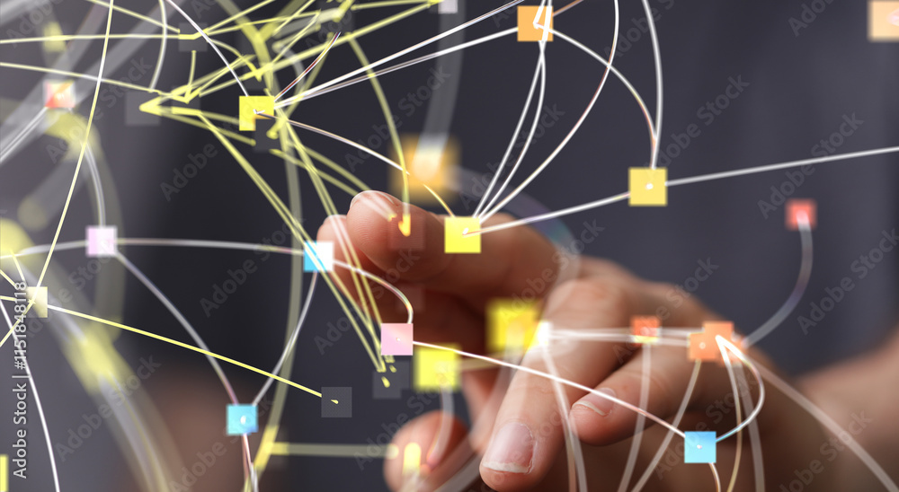 Poster a man hand touching virtual screen, modern background concept , can put your text at the finger, cop