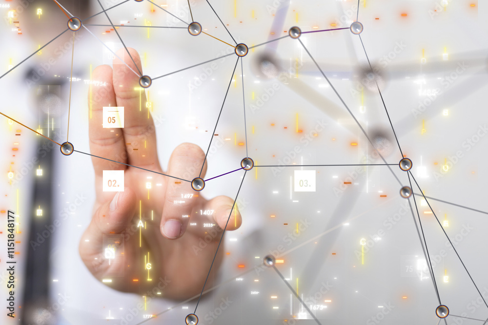 Poster Neural network 3D illustration. Big data and cybersecurity