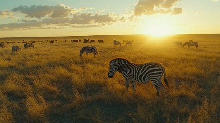 Naklejka premium Zebras Grazing in African Savanna at Sunset