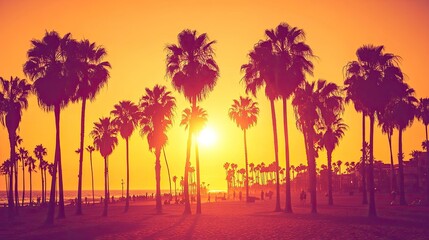 Silhouetted Palm Trees on Beach at Sunset
