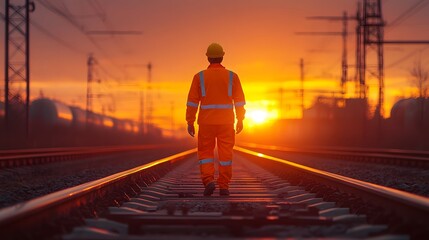 Silhouette of railway maintenance worker at sunset. High-vis safety uniform and hard hat. Train tracks perspective with golden hour lighting. Industrial photography capturing railway engineering.