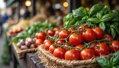 Fresh cherry tomatoes with vibrant green leaves at a market background