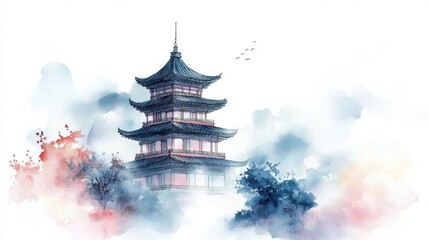Obraz premium A serene, atmospheric depiction of a traditional Asian pagoda surrounded by soft, colorful clouds.