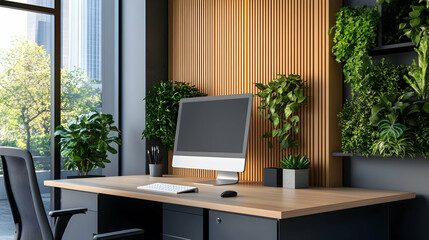 Modern office desk with plants, city view, computer screen mockup.