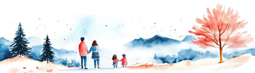 A serene winter scene depicting a family enjoying the beauty of nature together in a snowy landscape with mountains.