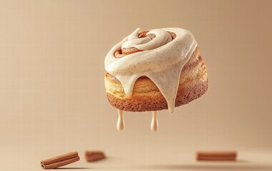 Naklejka premium A fluffy cinnamon roll floating mid-air with cream cheese frosting dripping, on a warm beige background