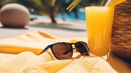 Yellow towel, sunglasses, and tropical drink near palm trees