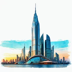 Dubai Skyline Watercolor: A vibrant, watercolor illustration of the iconic Dubai skyline, capturing the city's towering structures and shimmering waterfront in a dreamy, artistic style.  