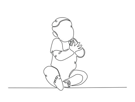 Continuous one line drawing of cute baby boy sitting. Cute toddler child in single line draw vector illustration. Editable line vector.