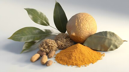 A composition of spices and herbs, featuring turmeric, bay leaves, and jaggery.