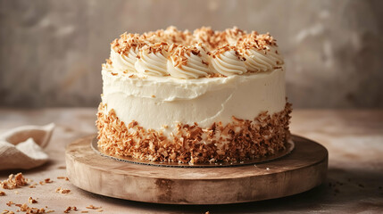 Coconut Cake with Toasted Coconut Toppings - A beautifully frosted coconut cake adorned with swirls of buttercream and a generous layer of toasted coconut flakes around the sides.
