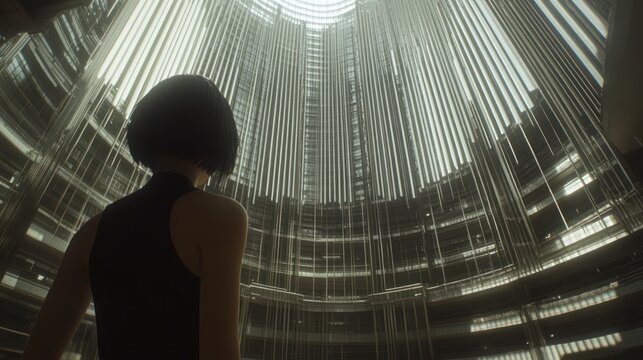 Woman gazes up at a towering, modern cylindrical building's intricate architecture.