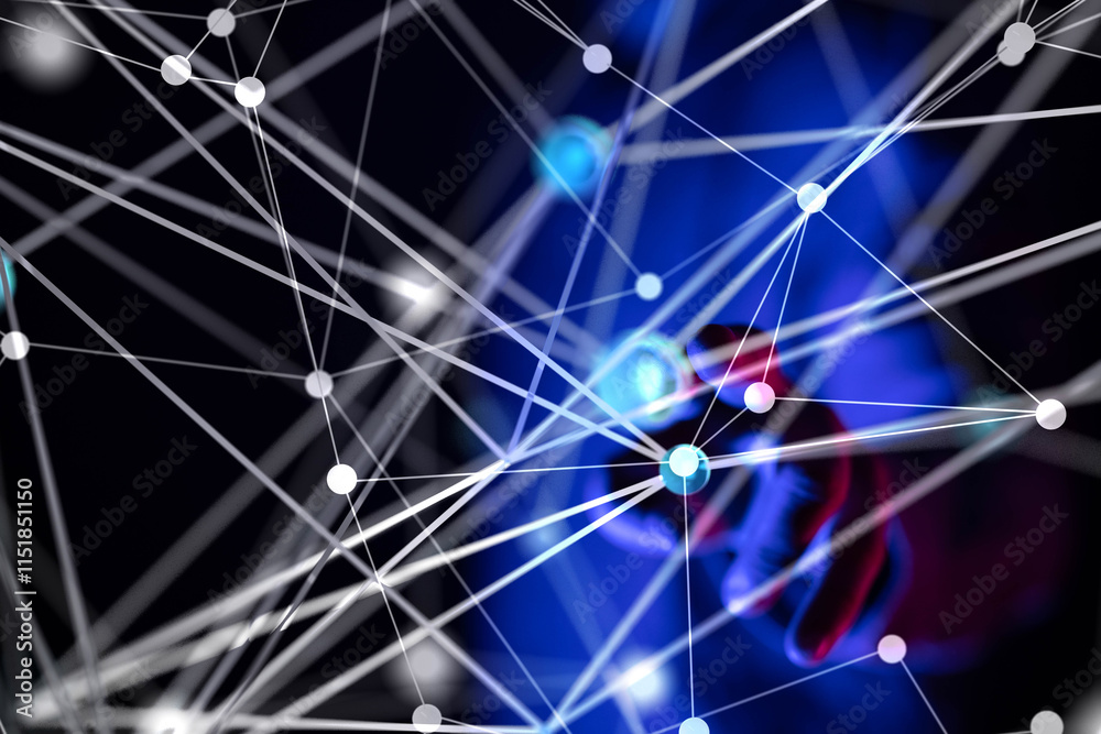 Poster Global network. Blockchain. 3D illustration. Neural networks and artificial intelligence. Abstract
