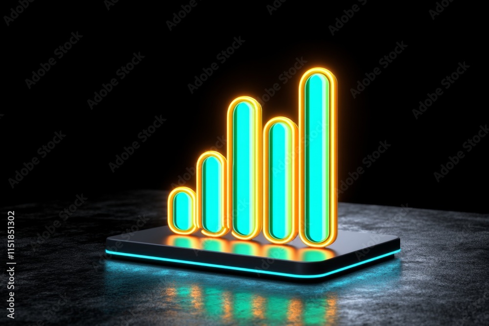 Poster a 3d bar graph rising dramatically on a digital screen, with glowing blue and green bars against a d