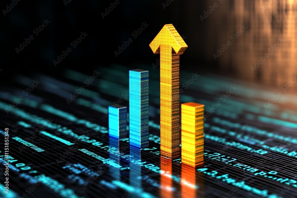 Poster a 3d bar graph rising dramatically on a digital screen, with glowing blue and green bars against a d