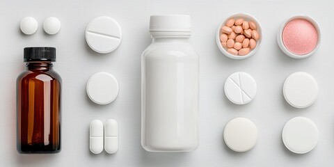 Headache Day concept. Medicine bottles and pills arranged on a light textured background.