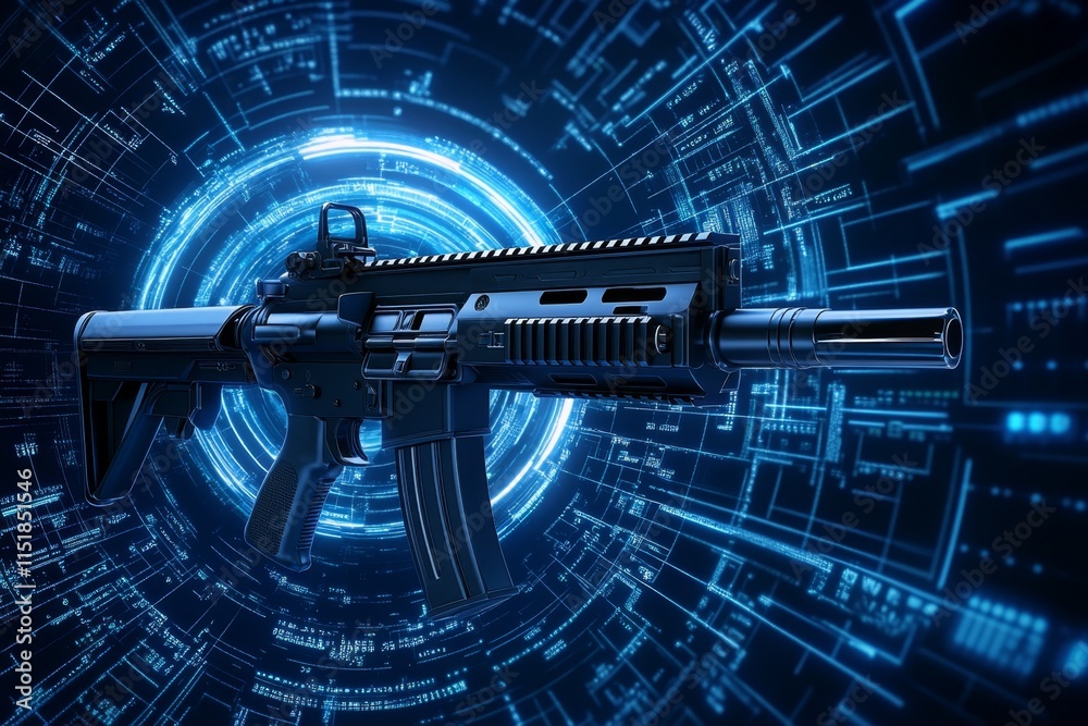 Poster a 3d-rendered image of a gun with customizable attachments displayed in a futuristic gun shop interf