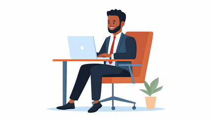 Smiling businessman working laptop office desk plant background, website banner.