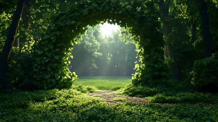 Fototapeta premium Sunlit Forest Archway, Pathway, Green Foliage, Mystical Background, Fantasy Design.