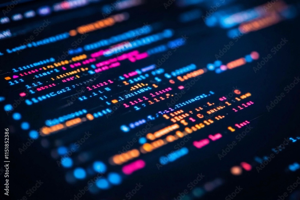 Poster colorful programming code displayed on a dark monitor background. generative ai
