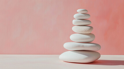Fototapeta premium Minimalist white stones on pastel pink background, the concept of balance
