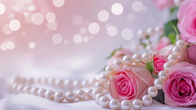 Pink roses with pearl strands on satin background with bokeh effect