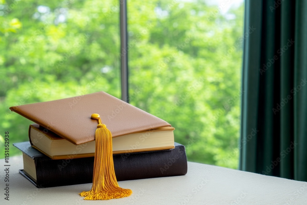 Poster A close-up of a graduation cap with a golden tassel, resting on a stack of books, surrounded by soft sunlight streaming through a window