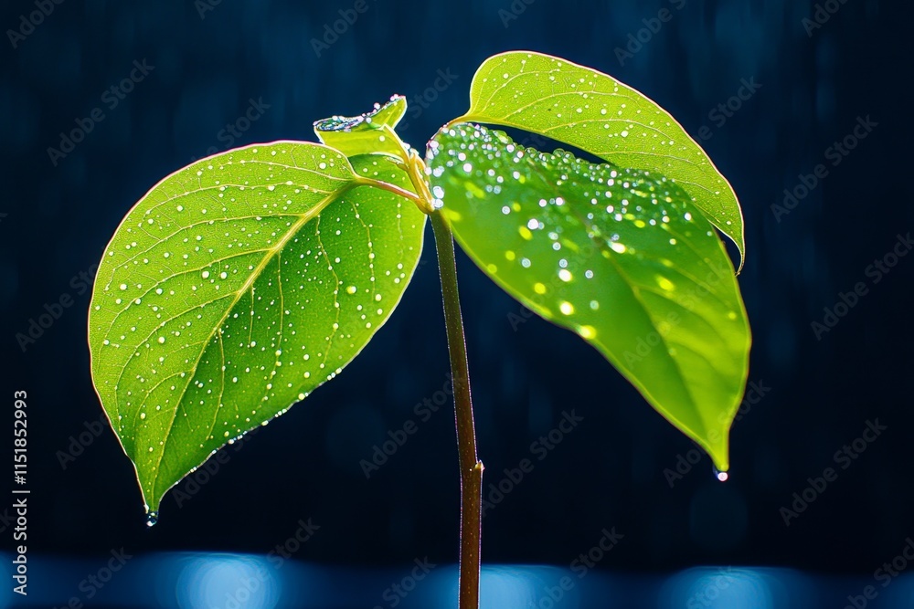 Aufkleber a close-up of a green leaf with intricate veins, covered in tiny water droplets reflecting soft ligh