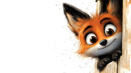 Cute Adorable Little Fox Peeking Through Wood in Watercolor Style