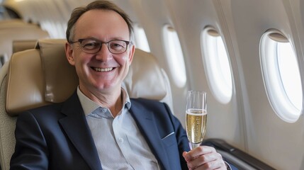 Businessman in luxurious airplane seat, smiling with champagne, symbolizing successful flight upgrade in premium environment.