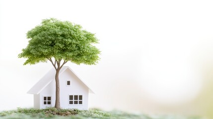 A serene white house next to a lush green tree, symbolizing tranquility and nature.