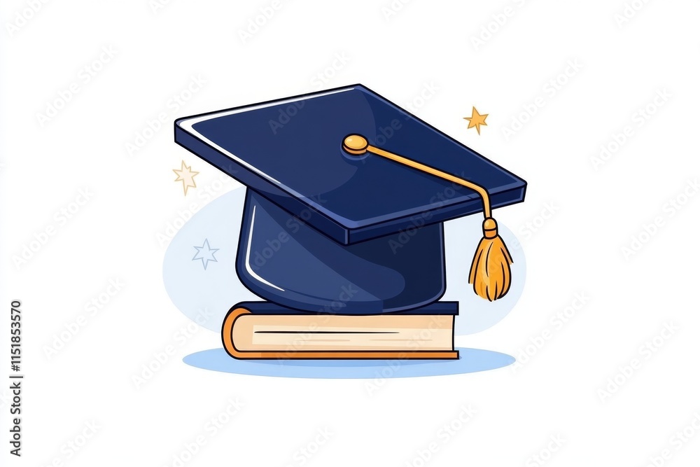 Poster A conceptual design of a graduation cap icon in flat vector style, with bold geometric shapes and a modern blue and gold color palette
