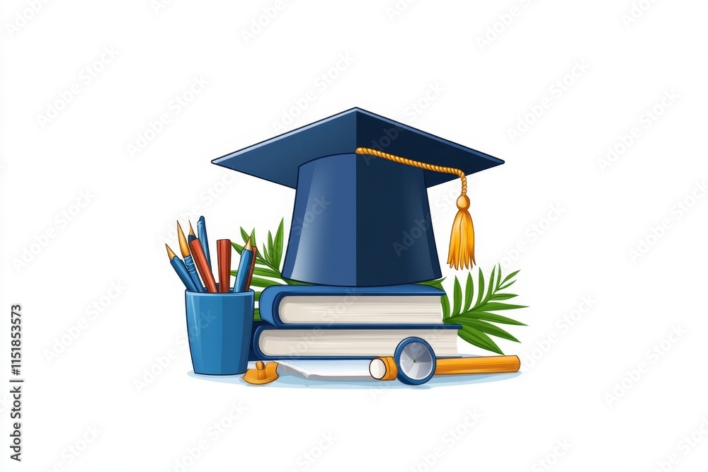 Poster a conceptual design of a graduation cap icon in flat vector style, with bold geometric shapes and a 