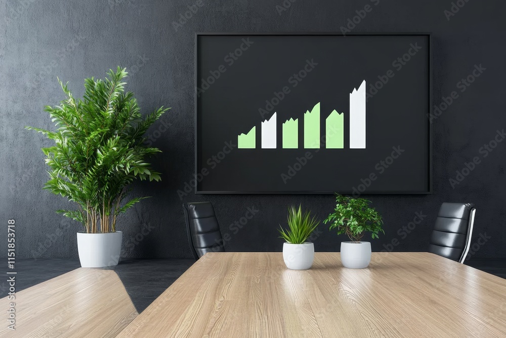 Aufkleber a corporate meeting room with a large screen displaying a glowing green bar graph indicating growth 