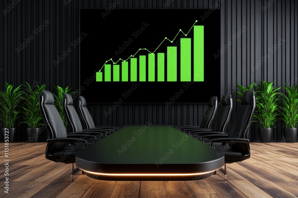 Poster a corporate meeting room with a large screen displaying a glowing green bar graph indicating growth 