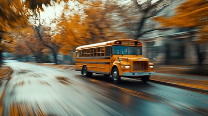 Obraz premium A classic yellow school bus cruising along a quiet street, surrounded by a dreamy, blurred background