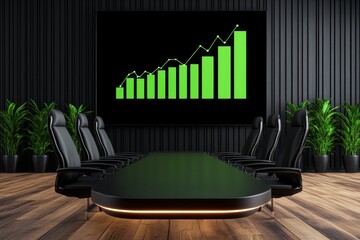 A corporate meeting room with a large screen displaying a glowing green bar graph indicating growth and progress