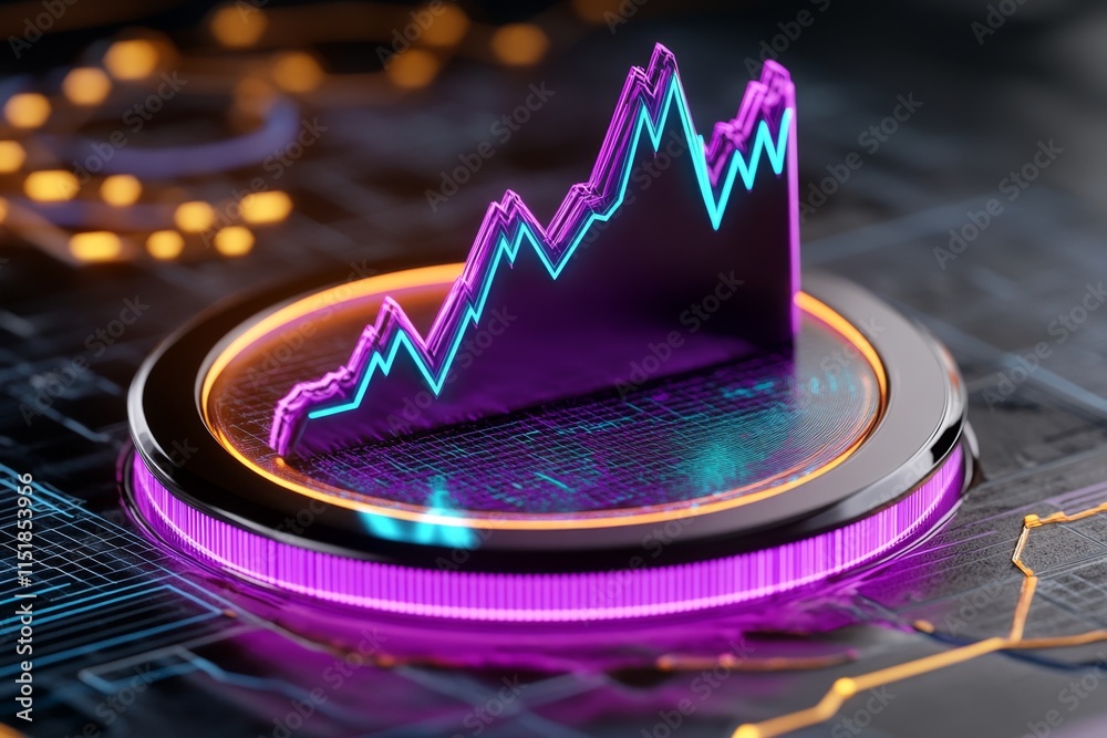 Poster A cyberpunk-inspired graph glowing in neon purple and blue, displayed on a high-tech interface with holographic grids
