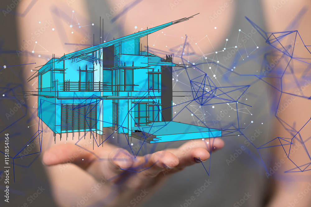 Poster home iot - Neural network 3D illustration. Big data and cybersecurity - neural network exposure digital