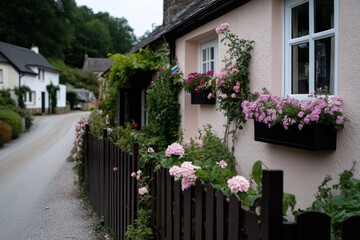 Fototapeta premium An idyllic flower display along the fence of a charming countryside home, emphasizing nature's beauty and the joy of rural living in serene surroundings.