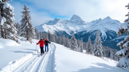 A couple skiing down a scenic winter trail, with snowy peaks in the distance and frosty trees lining the way