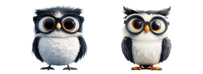 Obraz premium Cute Cartoon Owls With Big Glasses Animated Characters Adorable Design Playful Expressions White Background Fun Style Isolated on white background or PNG
