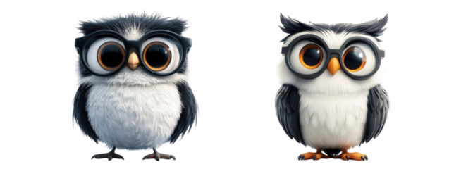 Cute Cartoon Owls With Big Glasses Animated Characters Adorable Design Playful Expressions White Background Fun Style Isolated on white background or PNG