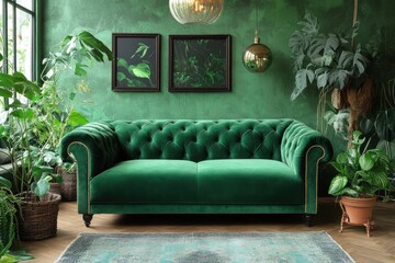 Luxurious Green Velvet Sofa in a Tropical Living Room