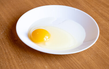 Raw egg in a plate on the table.Preparing breakfast.An egg without a shell.