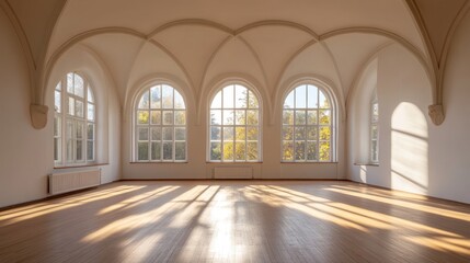 Obraz premium Sunlit Grandeur: A Spacious Hall Bathed in Autumnal Light